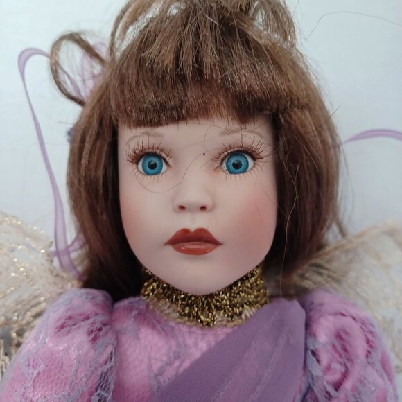 Porcelain Angel Doll With Purple Dress & Gold Accents By Paradise Galleries - Picture 2 of 8
